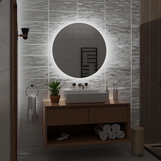 Alasta Spiegel - Bali Runder Badspiegel 120cm mit LED Beleuchtung - LED Farbe Weiß Kalt - Wandspiegel mit LED Beleuchtung