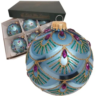Krebs Glas Lauscha Weihnachtsbaumkugel Weihnachtskugeln Pfaumuster Türkis 8cm (6 St), Glas