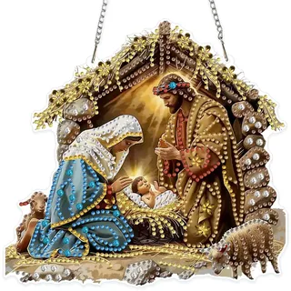 MOGTAA Weihnachten Diamond Painting Anhänger Landschaft, Jesus Diamond Painting mit Kette Kinder Erwachsene, Diamant Painting Fensterbilder Beidseitig, Hängende Ornament Bastelset Set für Wand Decor