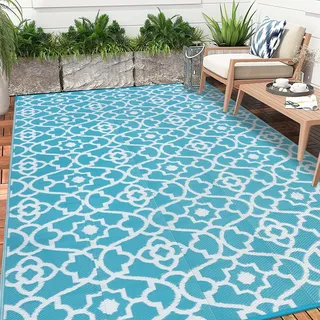 Enyhom Große Outdoor-Teppiche für den Garten, wasserdicht, 180 x 270 cm, wendbare Outdoor-Matten, Kunststoff-Strohteppich, tragbar, faltbar, Picknick, gewebter Teppich für Wohnmobil, Terrasse, Türkis
