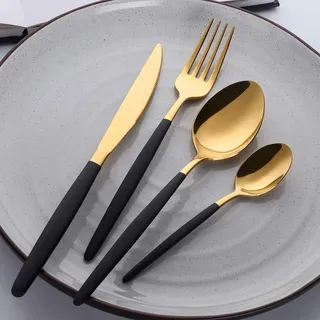 Schwarz und Gold Besteckset, 4-teiliges Besteckset aus Edelstahl, Titan-schwarzer Griff, goldfarbenes Besteckset Service für 1, inklusive Messer, Gabel, Esslöffel, Teelöffel, spülmaschinenfest