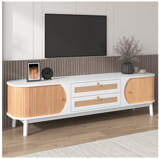 OKWISH TV-Schrank Lowboard (TV-Schrank mit Türen und Schubladen, TV-Ständer mit Rattanseiten) Natürlicher Landhausstil. weiß 170 cm x 46 cm x 39.5 cm