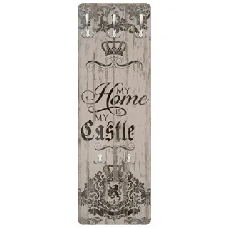 Bilderdepot24 Dekokissen beige Holzoptik Bretteroptik Vintage Shabby My Home is my Castle, moderne Wandgarderobe - Flurgarderobe im schmalen Hakenpaneel Design beige