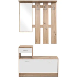 möbelando Preisbrecher Kompaktgarderobe Rudolf – Garderobe mit Spiegel & Stauraum, 100x180x25 cm, Artisan Eiche/Weiß, platzsparend für Flur & Diele