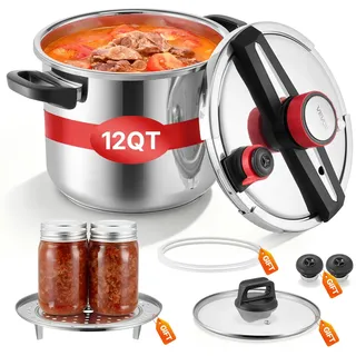 Vevor Schnellkochtopf 11 L, Dampfkochtopf aus Edelstahl mit Dampfeinsatz & Deckel aus Gehärtetem Glas & 3 Druckstufen für Fleisch Bohnen Reis Suppen Soßen, Schnellkochtopf bis zu 100 kPa