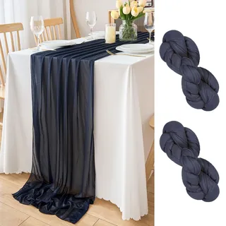 DecorMommt Tischläufer Marine Blau Hochzeit Tischläufer Chiffon Dekorativ Stoff Tischdecke Herbstdeko Boho Tisch läufer für Kommunionen Taufen Ugeburtstag Esszimmer Party, 77 x 300 cm 2 Stück