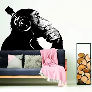 Wandtattoo Affe mit Kopfhörern Musik Straßenkunst Graffiti Gorilla Idee Zuhause Wohnzimmer Schlafzimmer Mode Wandbild 80 cm x 57 cm