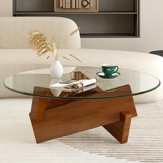 dnziqi Couchtisch, Wohnzimmermöbel aus Glas, Rahmen aus Holz, runder Couchtisch, Moderner Kaffeetisch Sofatisch Coffee Table Walnuts/Transparent 80cm