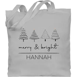 Baumwolltasche - Weihnachten Geschenke Christmas - Weihnachtsbäume Merry and Bright mit Name personalisiert I Weihnachtsmotiv - Unisize - Hellgrau - weihnachts tasche weihnacht tannenbaum - Einheitsgröße