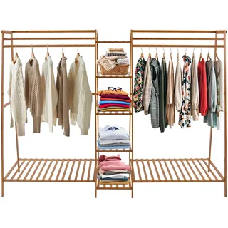 Kleiderschrank Organizer, Offener Kleiderschrank mit Handschuh, Freistehender Garderobenständer aus Bambus Zur Zur Kleideraufbewahrung, Moderne Kleiderständer Holz für die Lagerung (190x40x140cm)