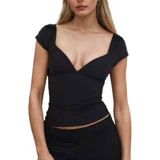 Auriselle Damen Oberteil Tief Ausgeschnittenes Y2K Top Herzförmigem Ausschnitt T-Shirt Kurzarm Slim Fit Sommer Gerippt Cut Out Shirt, Schwarz/Weiß, S-L - M