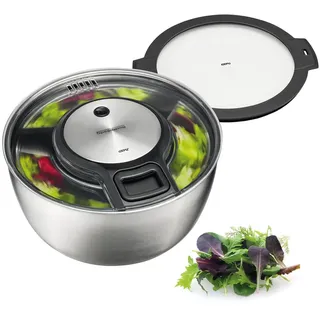 GEFU Salatschleuder SPEEDWING, 5L Edelstahlschüssel & Frischhaltedeckel | Effizienter Seilzug mit Stopp-Taste, inklusive Siebeinsatz, Ausgießer im Deckel und edler Servierschüssel aus Edelstahl