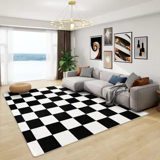 Teppich Schwarz Weiss Schachbrett - Teppich Wohnzimmer Schlafzimmer Kariert, Großer Teppich Schachbrett Muster, Weich Kurzflor & Waschbar & rutschfest Kinderteppich, Bettvorleger 140x200 cm