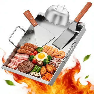 Plancha Grillplatte Edelstahl 40x30 cm (4mm Dick) Set inkl. Burgerglocke & 2 Spachtel – Massive Smash Burger Platte für Gasgrill & Kohlegrill – Rostfreie Plancha für Profi BBQ & Camping