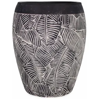 NATINDESIGN Bodenvase Groß Schwarz Weiß Blattmuster 48cm Ø27-34cm | XL Vase Rund mit Loch für In- und Outdoor | Fiberglas Pflanzvase Hoch Bodenvasen XL | Außen Innen Vasen Groß Pflanzkübel
