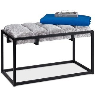 Relaxdays Sitzbank, gepolsterte Flurbank mit Samtbezug, HxBxT: 47 x 80 x 40 cm, Metall, Elegante Bettbank, grau/schwarz