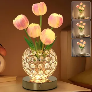 Dreifarbige Kristall-tulpen-nachttischlampe, Dimmerschalter, Kleines Wiederaufladbares Nachtlicht, Berührungsempfindliche Nachttischlampe Fürs Schlafzimmer