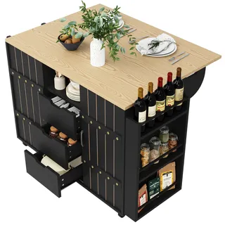 Küchenwagen mit Rollen Kücheninsel Freistehende Küchenschrank mit Klappbarer Arbeitsplatte, Schiebetür-Design, 2 Schränke, 3 Schubladen, 1 Ablage, Seitliche Ablagefächer, 110x42(70) x90cm, Schwarz