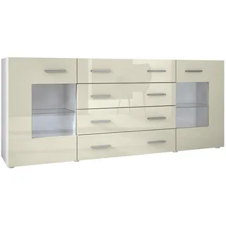 Vladon Sideboard Grömitz (Kommode mit 2 Türen, 4 Schubladen und 2 flexible Glaseinlegeböden), Weiß matt/Creme Hochglanz (166 x 72 x 35) gelb