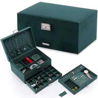 Schmuckkästchen Schmuckschatulle aus Samt, 2 Ebenen, Schmuckbox Schmuckkoffer für Damen, Aufbewahrung für Ketten, Ringe, Ohrringe, Schmuckkasten... - Grün