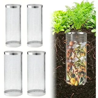 4 Stück Edelstahl Wurmkomposter Set, 2 Größen (Ø10/9cm) Inground Komposter für Garten, Hochbeet, Gemüsebeet, Kompostbehälter für Biomüll, Natürlicher Dünger für Pflanzen