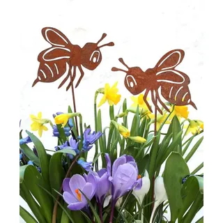 LB H&F Lilienburg Teichfigur 2er SET Gartendeko Rost Metall Biene Figur Deko Beetstecker, (Dekoration Honigbiene Rostdeko Garten Frühlingsdeko Hauseingang Gartenstecker Bienen Geschenkidee Ostern Figuren modern, Blumenstecker Honig Osterdeko Osterdekoration Balkon Terrasse Kübel), Dekostecker Ostern Frühling Dekofigur Stecker Rostdeko Osterstecker braun