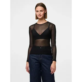 Langarmshirt PIECES "PCNINNI LS MESH TOP NOOS BC", Damen, Gr. M, schwarz, Web, Obermaterial: 95% Polyester, 5% Elasthan, durchscheinend, leicht glänzend, unifarben, regular fit normal, Rundhals, Shirts Langarmshirt, Materialmix, regular fit