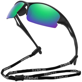 MEETSUN Sport Polarisierte Sonnenbrille für Herren Damen Halbrahmen Fahren Angeln Radfahren Sonnenbrille 100% UV400 Schutz Schwarzer Rahmen-Grüne Spiegelgläser - Einheitsgröße