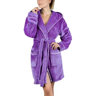 Gräfenstayn Damenbademantel Bademantel Damen flauschig Kapuze Kuschelfleece leicht kurz, warm & kuschelig, Knielang, Fronttaschen, Gürtel, S-XXL lila S | 90 cm