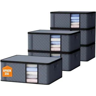 Auveir 6 Stück 35L Aufbewahrungstasche, Aufbewahrungsbox mit Deckel, Große Kleideraufbewahrung Umzugskartons, Faltbare Aufbewahrung Boxen für Bettdecken Decken Kleidung Unterbett Kleiderschrank
