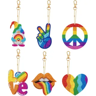 JSRQT 6 Stücke Diamond Art Painting Schlüsselanhänger LGBT Regenbogen Diamond Art Painting Anhänger Doppelseitig Stickerei Kunst Handwerk für Handtasche Dekoration DIY Diamant Malerei Schlüsselbund
