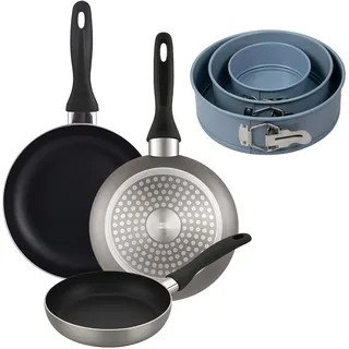 BERGNER - Set aus 3 Pfannen Ø16/20/24cm aus gepresstem Aluminium in metallic-grau mit 3-teiliges Set runde Backformen Ø12/18/22 cm