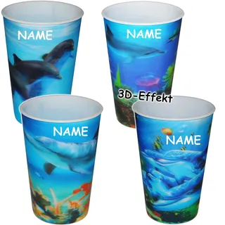 alles-meine.de GmbH 1 Stück 3-D Effekt 3 in 1 - Trinkbecher/Zahnputzbecher/Malbecher - Becher - Unterwasser - Fische & Delfine - inkl. Name - 320 ml - mehrweg - Trink..
