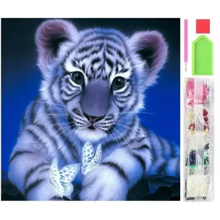 LA CUTE Malen nach Zahlen Weißer Baby Tiger - 5D Diamond Painting Set 30x40cm (Bild, Diamanten, Stift und Container, Kreative Kunst 5d Diamond Painting-Set), Entspannendes Hobby, kreative Stunden, schimmerndes Endergebnis.