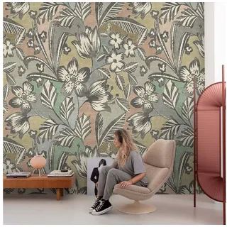 Grandeco Tapete Fototapete Tropisch Gemalt Blumen Grau Blau Rot Creme ML4501 Young Edition