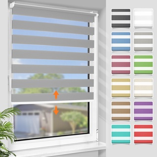 SBARTAR Doppelrollo schnurlos Klemmfix Rollos für Fenster ohne Bohren & zum Bohren, Hellgrau 70x140cm (B×H) Drücken Und Ziehen Springrollos, Lichtdurchlässig Aber Blickdicht Mittelzugrollo