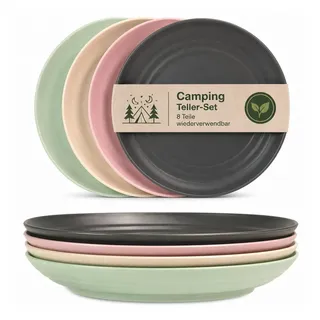 Hausfelder Teller-Set Teller Geschirr Set, Camping Teller Set 8 Personen 20 cm (8-tlg), Kunststoff, Tellerset in 4 Farben, spülmaschinengeeignet rot