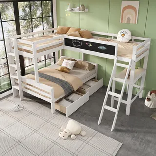 Crlnaup Kinderhochbett,Im Kinderbett können DREI Kinder schlafen, Hat Aufbewahrungsschubladen,aus Kiefernholz, Etagenbett, Kinderbett mit Schreibtisch und Regal, 140 * 200cm,90 * 200cm,weiß