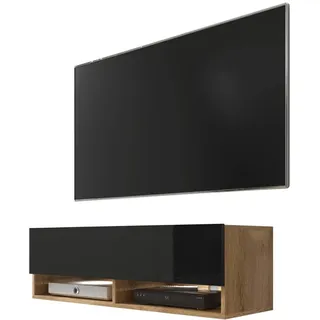 Selsey Wander - TV-Board/Fernsehschrank für Wohnzimmer hängend/stehend, optional mit LED, 100 cm (Holzoptik Wotan Eiche/Schwarz Hochglanz, ohne LED)