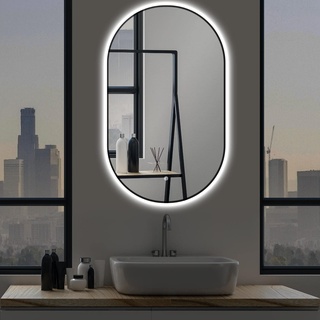 SOGOO® LED Wandspiegel oval 50 x 90 cm mit Schwarz Metall Rahmen, einfach Montage, Ovaler Badspiegel, Spiegel mit Beleuchtung
