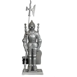 Ritterfigur aus Gusseisen silber mit 4-teiligem Kaminbesteck im Hellebarden-D...