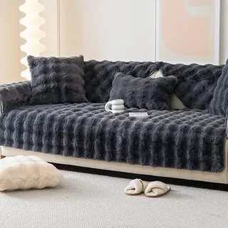 KCCRHIN Kaninchen Plüsch Sofabezug 2 3 4 Sitzer Ultraweicher Verdickter Sofaschoner Rutschfeste Couchbezug L Form Ecksofa Sofa Bezüge Sofahusse Sofa Cover Pet Sofa Cushion,Schwarz,110*240cm/43*94.5in