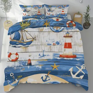 Sobhdga Bügelfreie Bettwäsche Meer Maritime, Sommerbettwäsche 135x200, Lighthouse Segelboot Bettbezug Mikrofaser, Jahrgang Anker Ruder Bettwäsche Set mit Reißverschluss, 2 Kissenbezug 80x80
