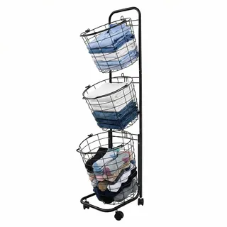 Wäschesortierer Wäschesammler 3 fächer, Wäschekorb Metall Fahrbar Wäschesammler schwarz mit Griffen Aufbewahrungskörbe, Wäschewagen, Wäschebehälter für Kleidung und Spielzeug