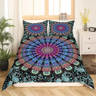 Homewish Paisley Bettbezug Bohemian Style Bettwäsche Set 135x200,Jungen Boho Damast Tröster Cover Set,Medallion Mandala Bett Set Exotic Tribe Marokkanische Schlafzimmer Dekor Teal Grün Lila