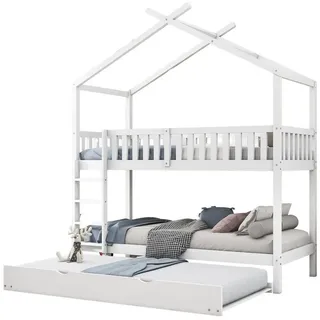 BlingBin Etagenbett Hausbett Kinderbett Jugendbett, Bettgestell mit Rausfallschutz (Ausziehbar, Platzsparendes Design, 1-St., 90x200 cm, Ohne Matratze, Gewichtskapazität: 120KG), Mit Ausziehbett, Umbaubar in Drei Einzelbetten, Weiß weiß