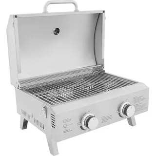 BBQ Gasgrill - Tragbarer Grill - LPG - 2 Brenner - Klappbar - Edelstahl - Camping/Picknick/Wohnmobil - Silber - Silber