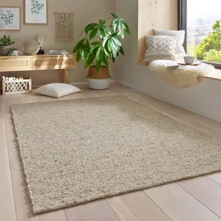 Taracarpet Gewalkter Wollteppich Lambrecht Handgewebt Wohnzimmer – Handwebteppich Schurwolle – Webteppich Wolle Natur für Schlafzimmer, Esszimmer, Küche Grau Beige meliert 090 x 160 cm