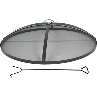 Relaxdays Funkenschutz für Feuerschale, Ø 90 cm, inkl. Schürhaken, mit Griff, rundes Funkenschutzgitter, Stahl, schwarz