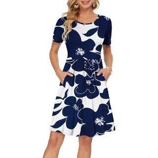 AUSELILY Damen Kurzarm Plissee Loose Swing Freizeitkleid mit knielangen Taschen - L